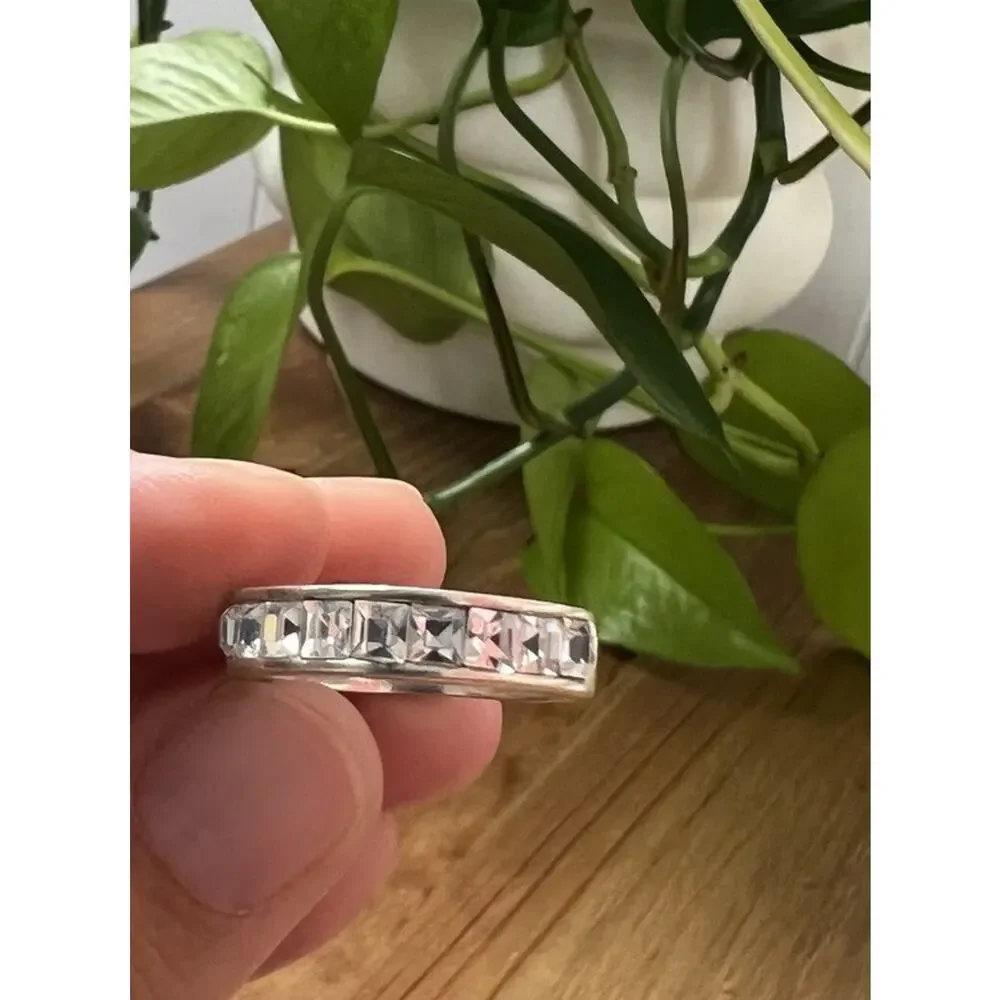 Silver Size 8 Princess Cut Clear Band Eternity Ring Modernist Minimalist
